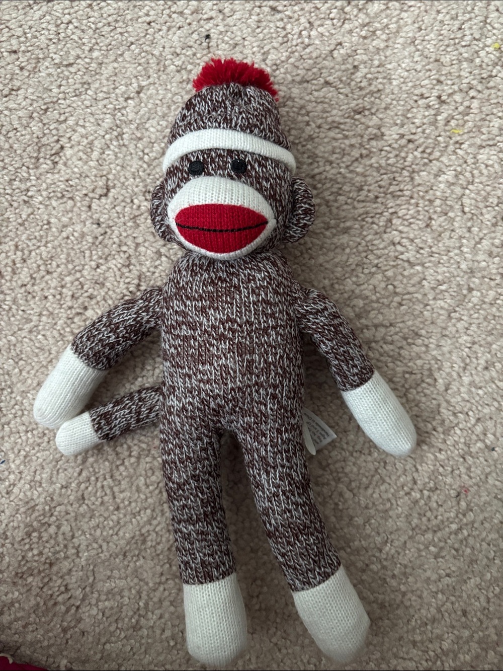 Hand-Knit Style Brown and Cream Sock Monkey Plush with Red Accent